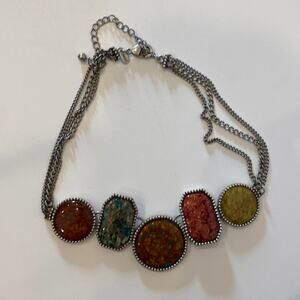 Chico’s Multicolored Speckled Stones Metal Necklace Three Chains Lobster Clasp